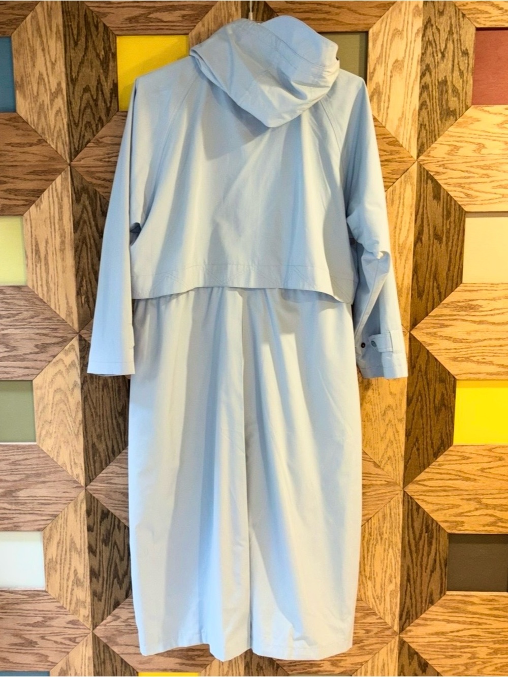 Vintage 80s L.L. Bean Full Length Raincoat Light Blue Hooded Long Trench Coat XL - Picture 5 of 16